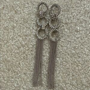 Silver Crystal Triple-Ring Tassel Drop Earrings